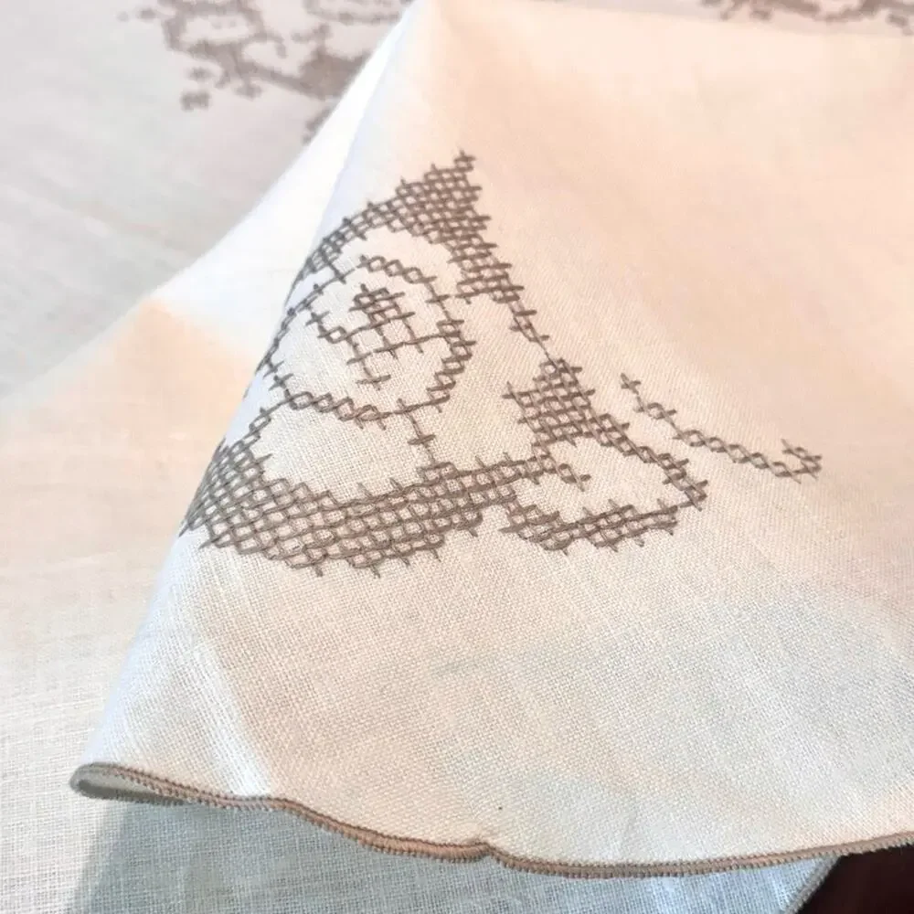 Vintage Tablecloth Cross Stitch Linen Hand Embroidered Scalloped Rectangle 88”